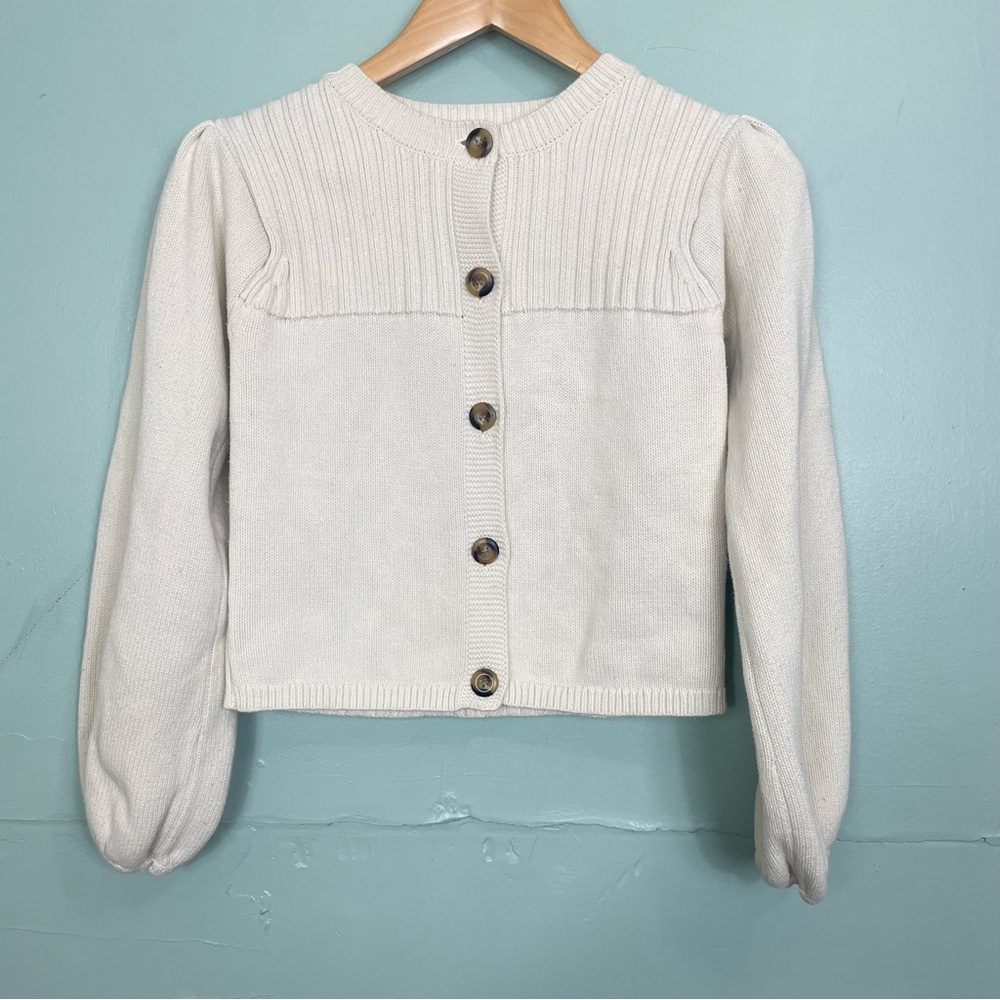 Moussey Balloon Sleeve Cardigan Sweater Button Cream Ivory Small‎